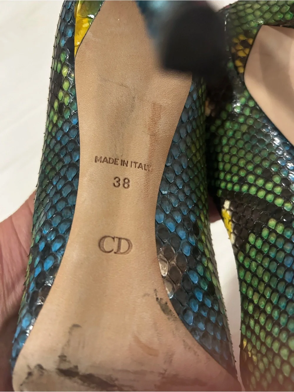 Dior Multicolor Snakeskin Pointed Toe Pumps in Yellow, Green & Pink. Size 38